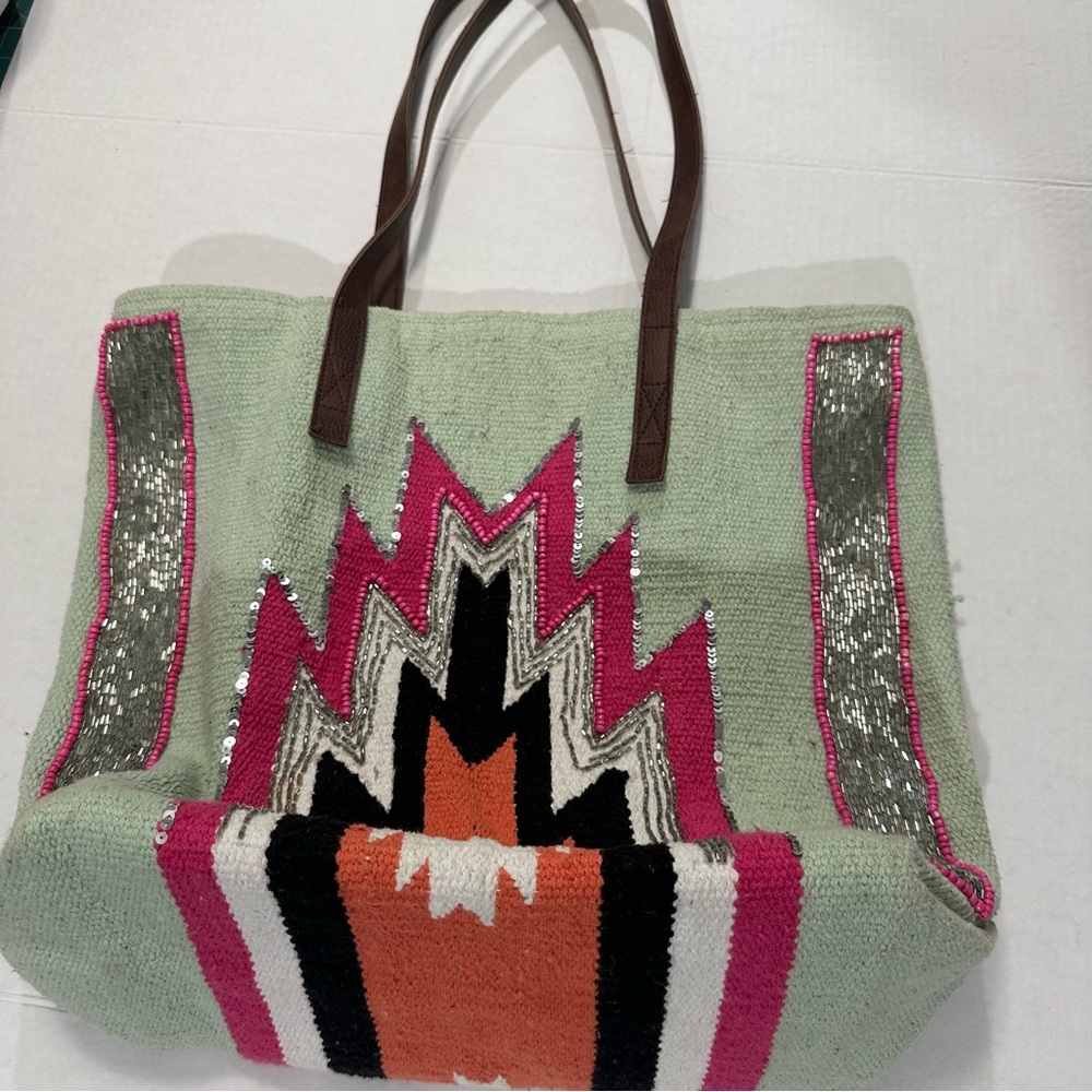 HiPANEMA x AMENAPiH Peruano Beaded Tote Bag - Mint/Pink Boho Statement